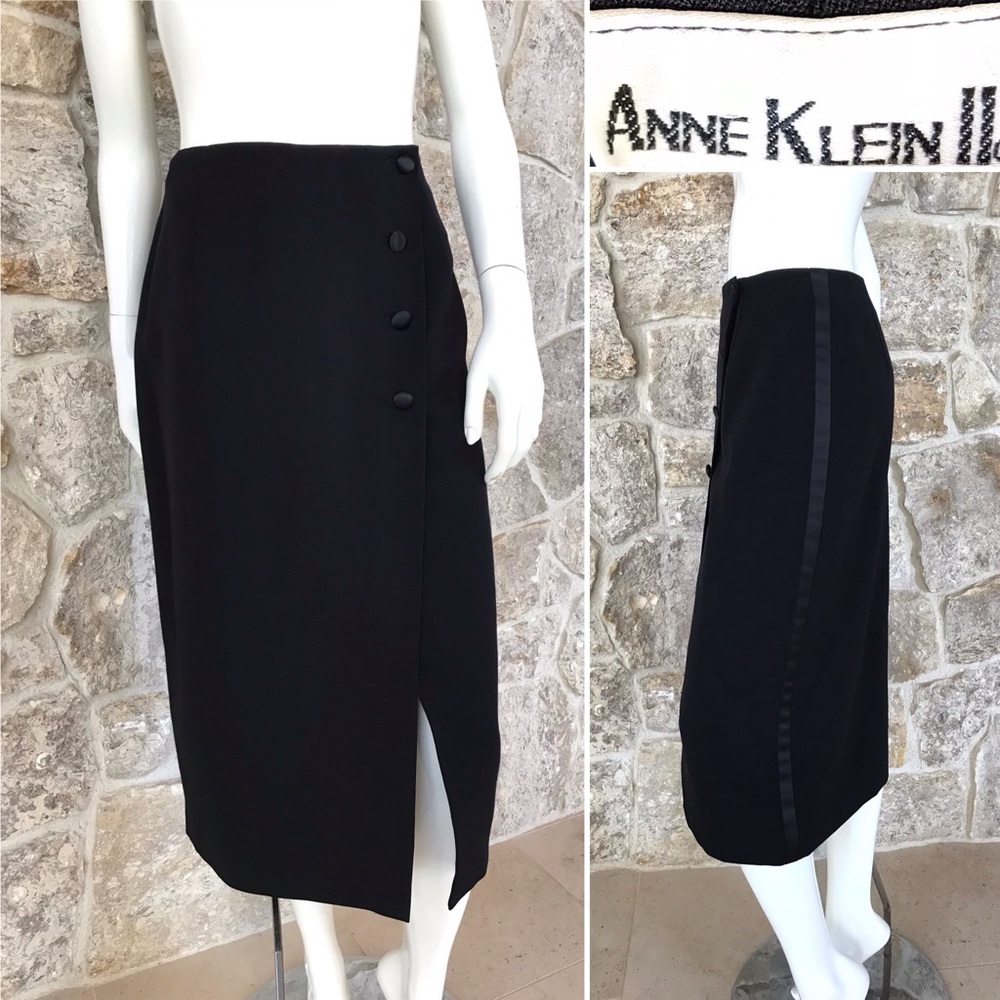 Vintage 1990s Anne Klein II Black Tuxedo Stripe Wrap Front Skirt Classic Elegant